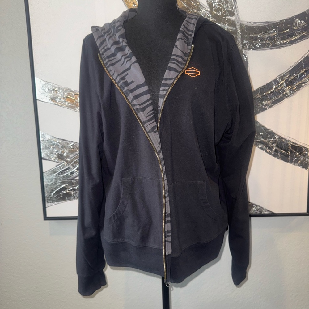 Harley-Davidson Reversible Black & Gray Zebra-Stripe Zip Hoodie with Orange Logo - Picture 2 of 8